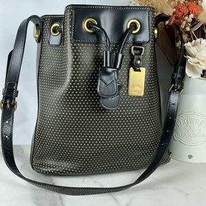 Dooney & Bourke Black Gold Vintage Shoulder Bag Perforated Drawstring Saddle